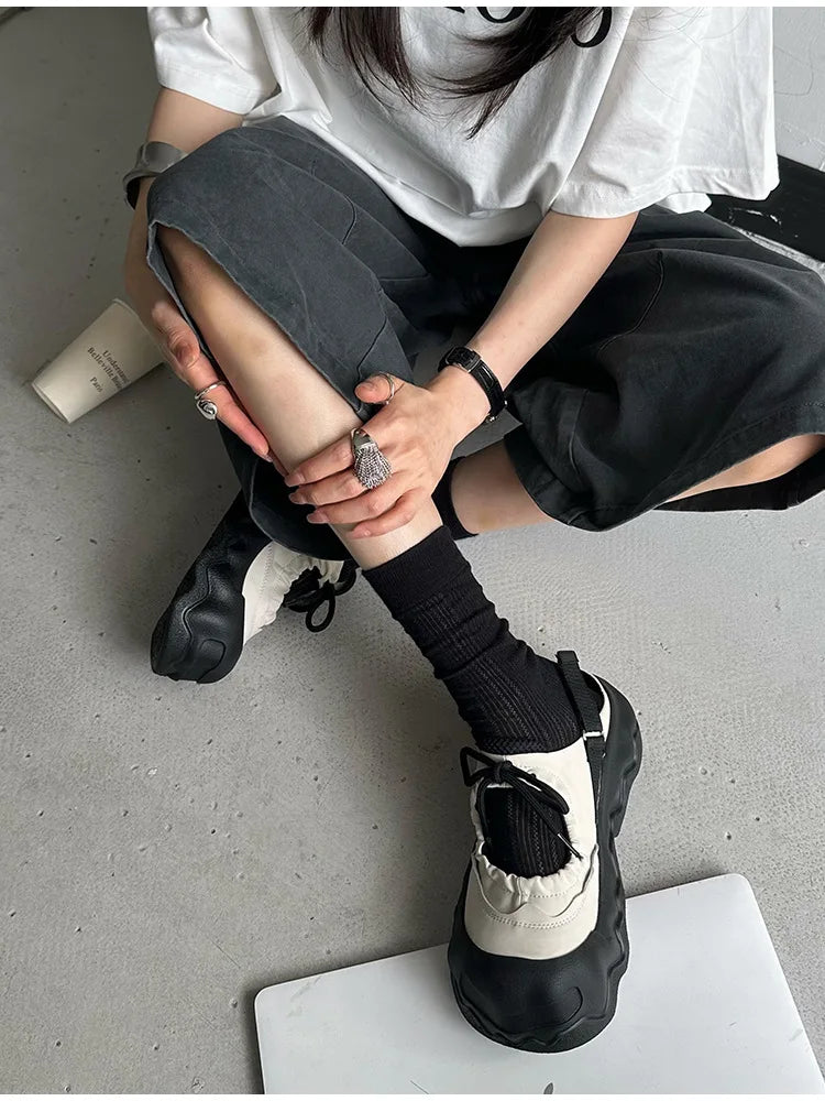 Street Explosion 5CM Mary Jane Sandals Wave Thick Bottom Lace Hollow Big Head Bread Shoes