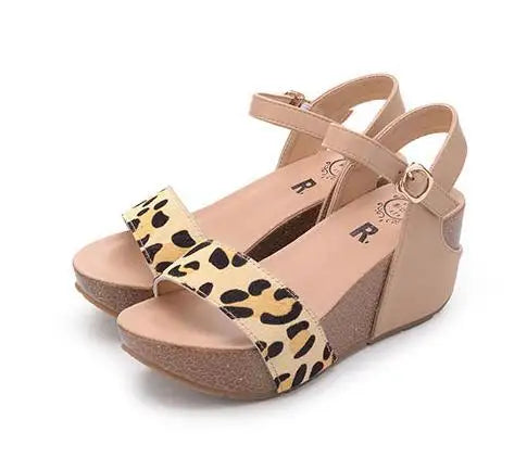 Genuine Horsehair High-heeled Thick-soled Leopard-print Roman Slope-heeled Sandals 32 33 Small Size Shoes