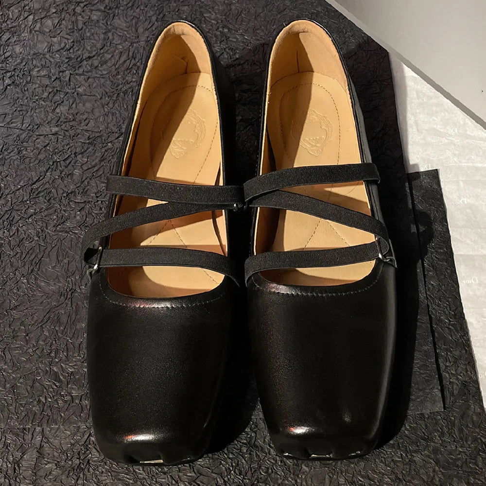 Womenn's genuine leather square toe elastic band slip-on ballet flats cross strap slim soft comfortable ballerians shoes