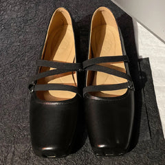 Womenn's genuine leather square toe elastic band slip-on ballet flats cross strap slim soft comfortable ballerians shoes