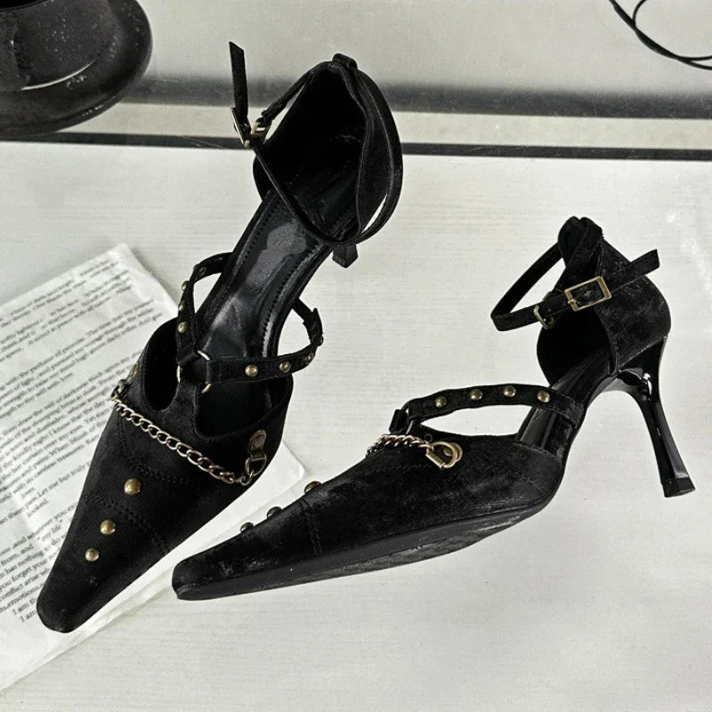 Retro Rivets Metal Chain High Heels Thin Heel Party Elegant Office Shoes Pointed Toe Pump Sandals
