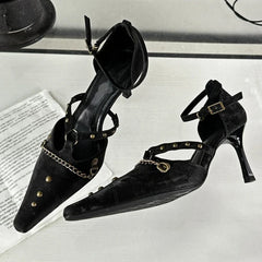 Retro Rivets Metal Chain High Heels Thin Heel Party Elegant Office Shoes Pointed Toe Pump Sandals