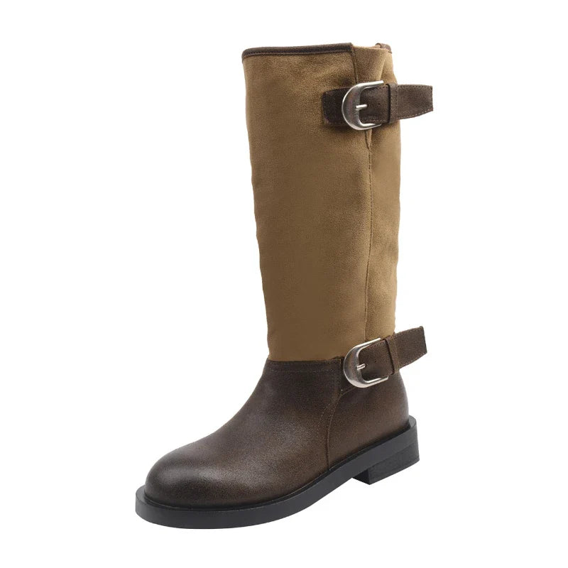 Belt Buckle Knight High Boots Thick Heel Shoes Vintage Slip On Slim Long Booties Zapatos De Muje