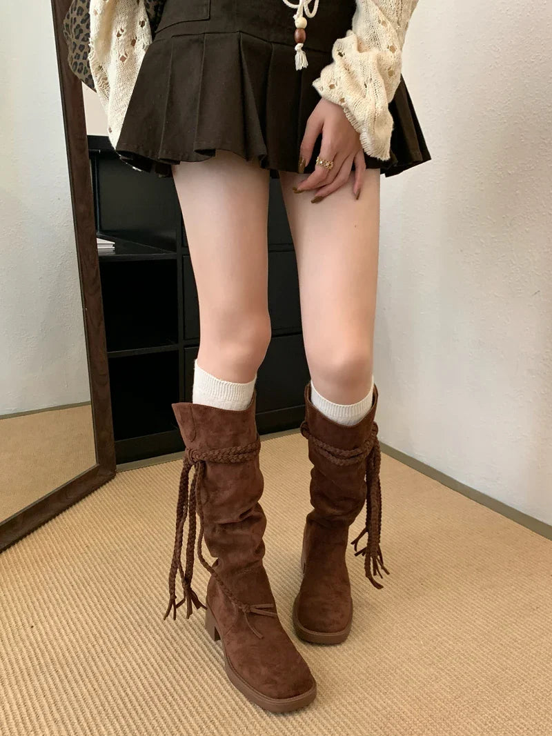 Brown Suede Boots Woman Round Toe Fall Gothic Shoes Chunky Heels Knee High Boots Western Style Shoes