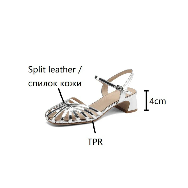 Split Leather Round Toe Chunky Heel Shoes Narrow Band Shoes