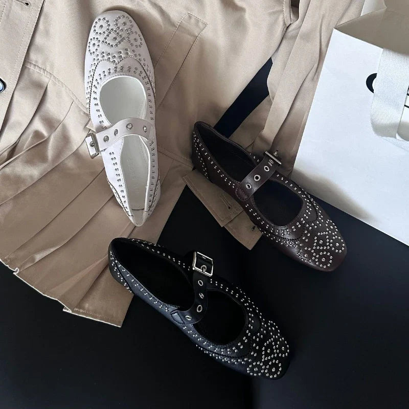 Retro Rivet Mary Jane Shoes Belt Buckle Round Toe Ballet Flats Comfortable Soft Sole Flat Shoes Zapatos De Mujer