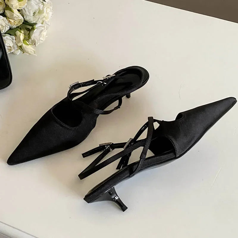 Elegant Narrow Band Buckle Strap Woman Pumps Pointed Toe Thin Low Heels Party Dress