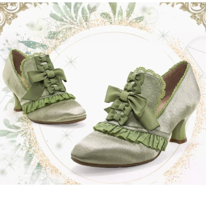 Lace Bow Pink Slip-On Cat Heel Pumps Woman Lolita White Lace Girl Cute Soft High Heels Shoes