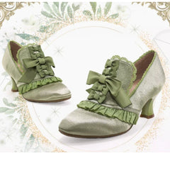 Lace Bow Pink Slip-On Cat Heel Pumps Woman Lolita White Lace Girl Cute Soft High Heels Shoes