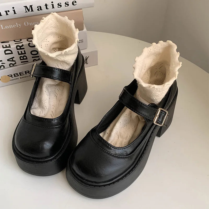 Vintage Platform Thick Bottom Mary Jane Shoes Shallow Round Toe Shoes Elegant Party Leather Shoes