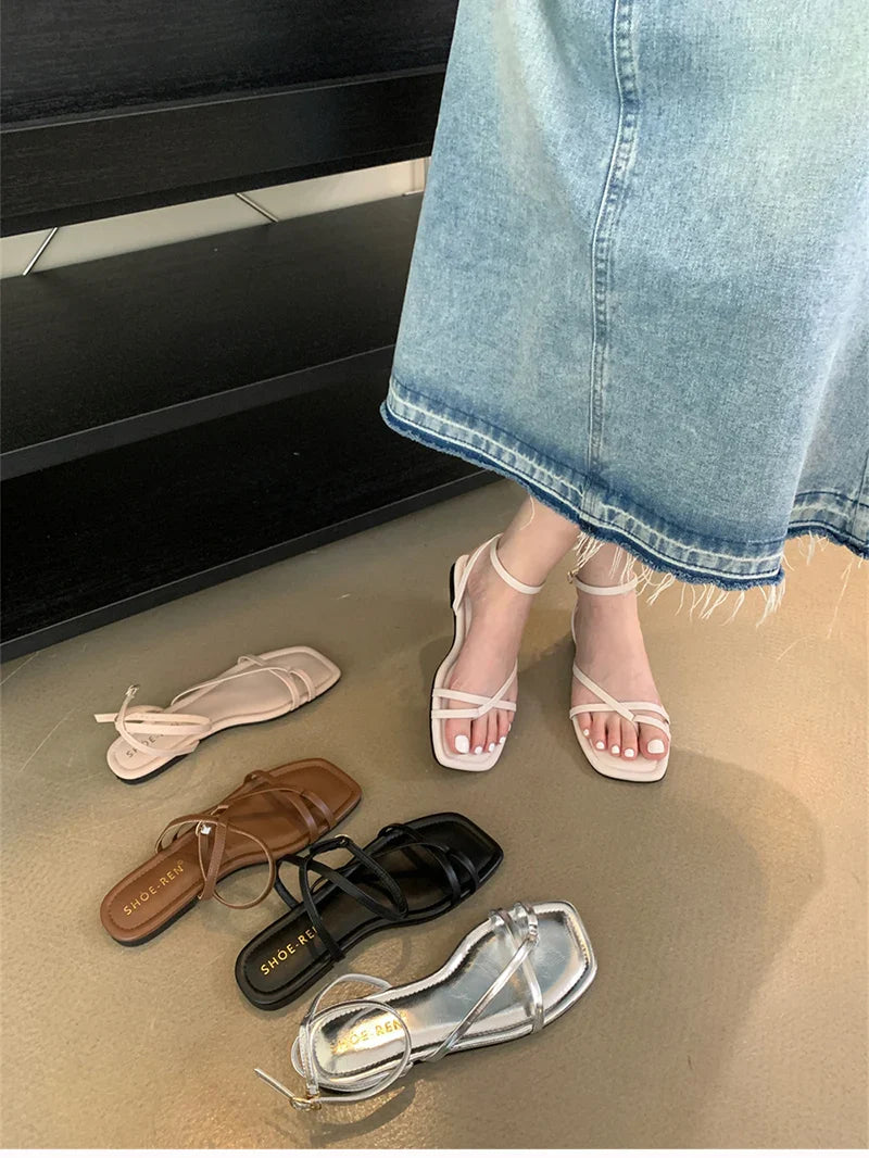 Gladiator Elegant Narrow Band Clip Toe Shoes Comfort Flats Beach Sandalias