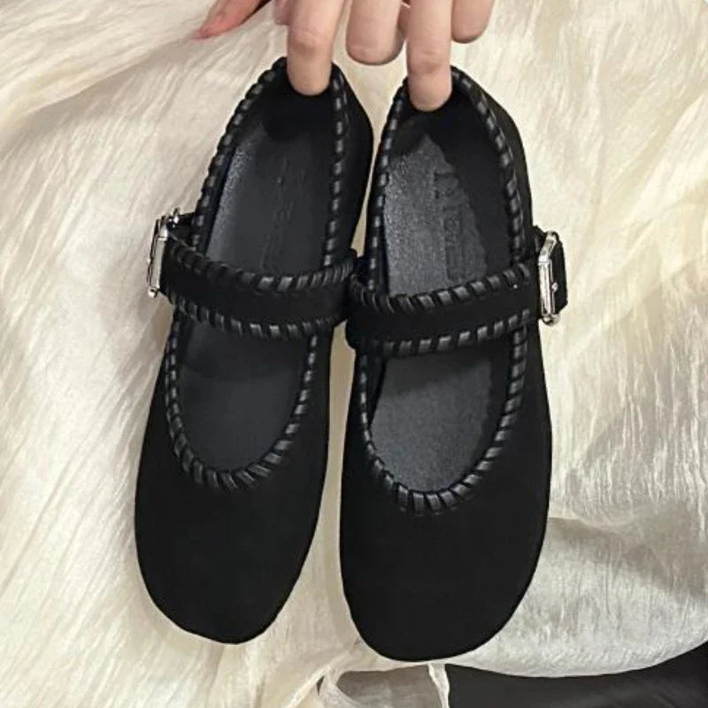 Retro Woven Faux Suede Mary Jane Shoes Metal Buckle Brand Shoes Comfortable Round Toe Shallow Casual Shoe