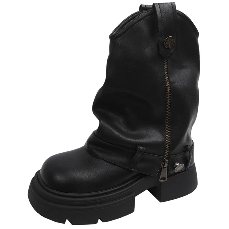 Knee High Boots Western Round Toe Long Boots Western Shoes Chunky Heel Platform