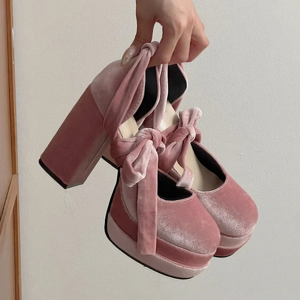 Pumps Double Platform Thick High Heels Velvet Ankle Strap Sweet Cute Pumps Lolita Pink Shoes