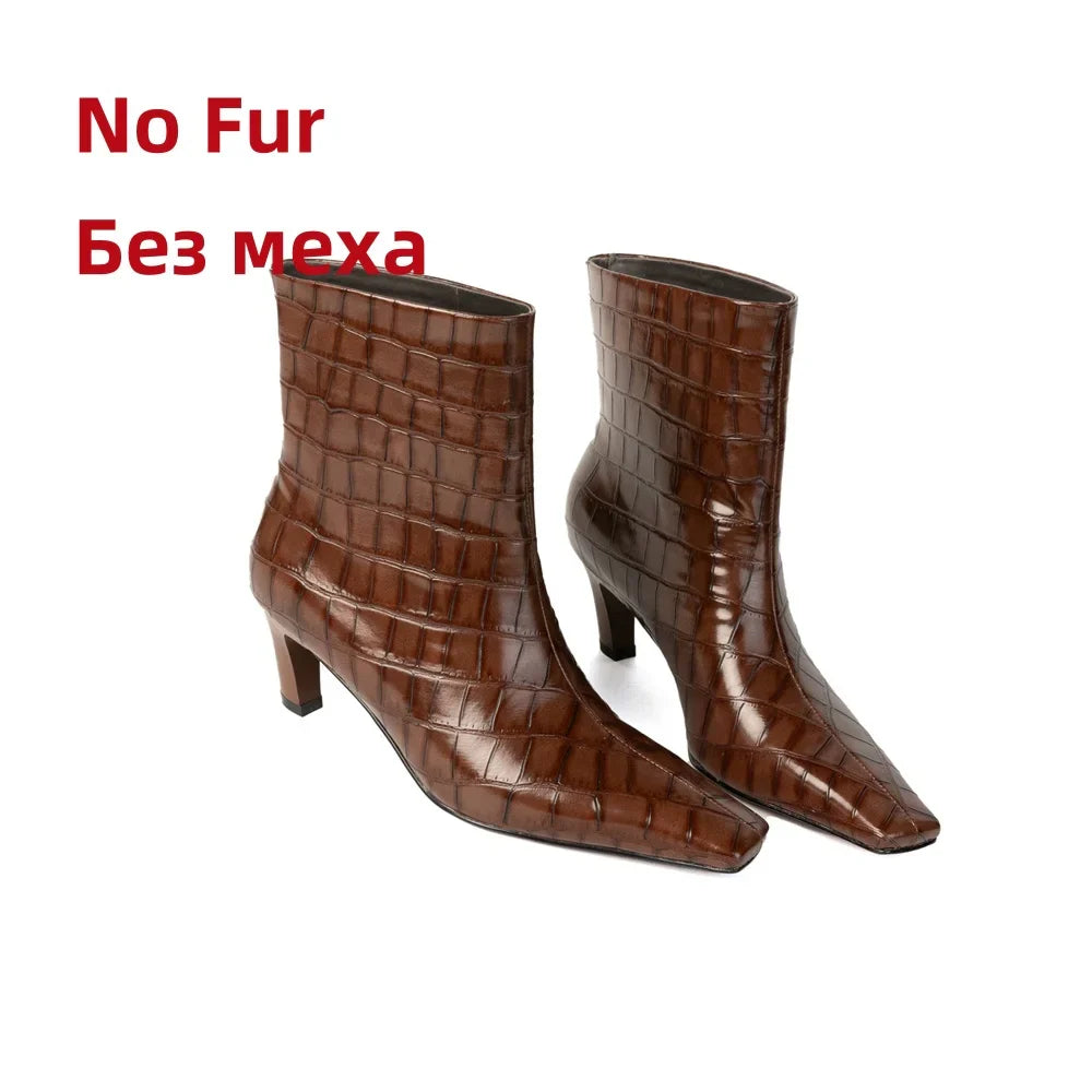 Stone Pattern Leather High Heels Short Shoes Office Lady Party Dancing Shoes Ankle Boots