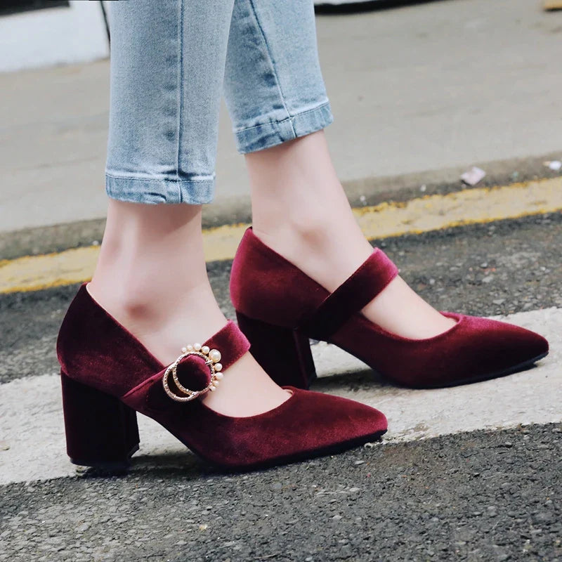 Velvet Mary Jane Shoes Pearls Buckle High-heeled Velour Green Burgundy Pumps Office Banquet Party 33-43