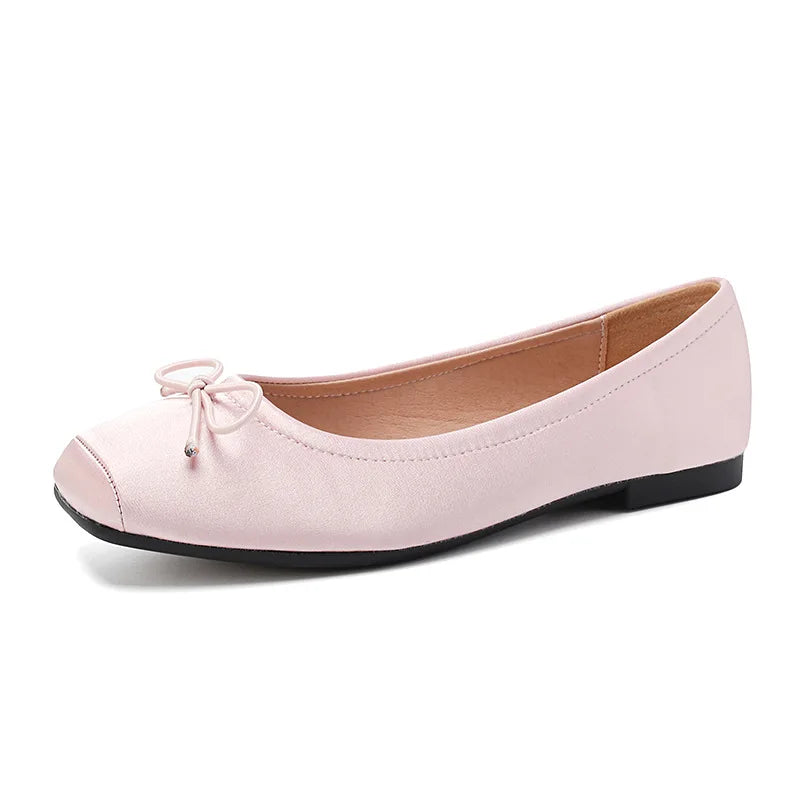 Deliate Bowtie Silk Ballerinas Woman Traf Pig Square Toe Flats Shallow Slip On Moccasins Femme Brides Wedding Shoes Pink Ballets