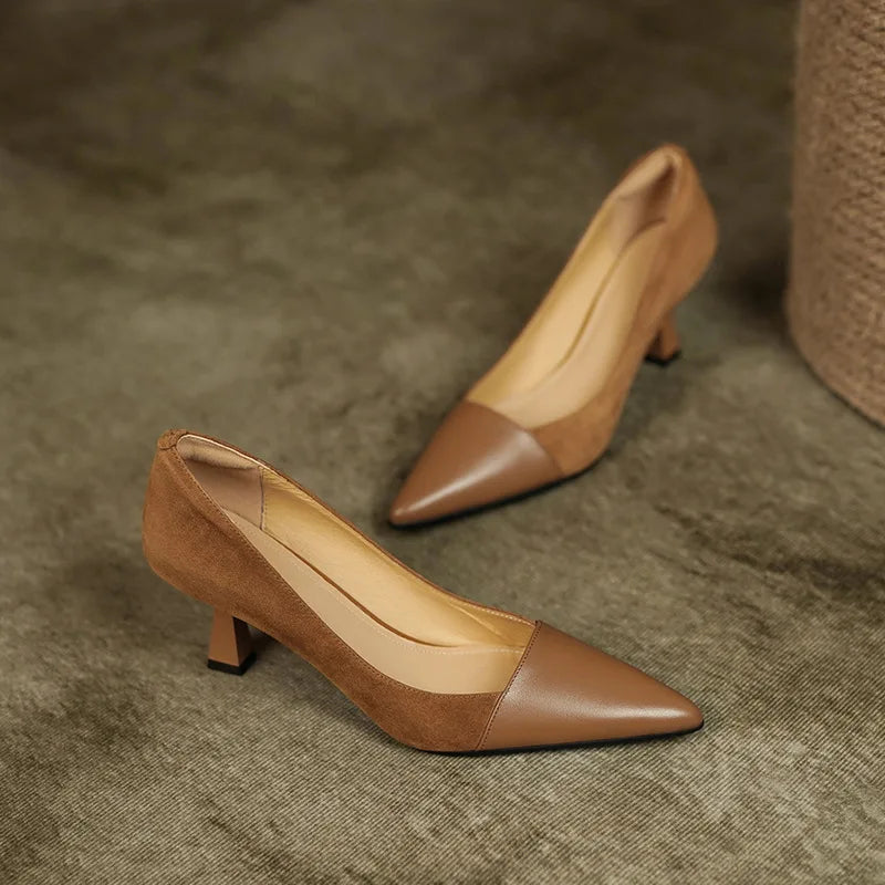 Splicing Shallow Mouth Single Shoes French Pointed Toe Temperament High Heels