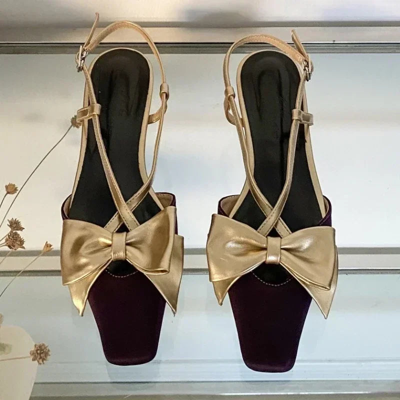 Sweet Butterfly-knot Low Heel Mules Shallow Elegant Comfy Cross-tied Square Toe Slingback Sandals