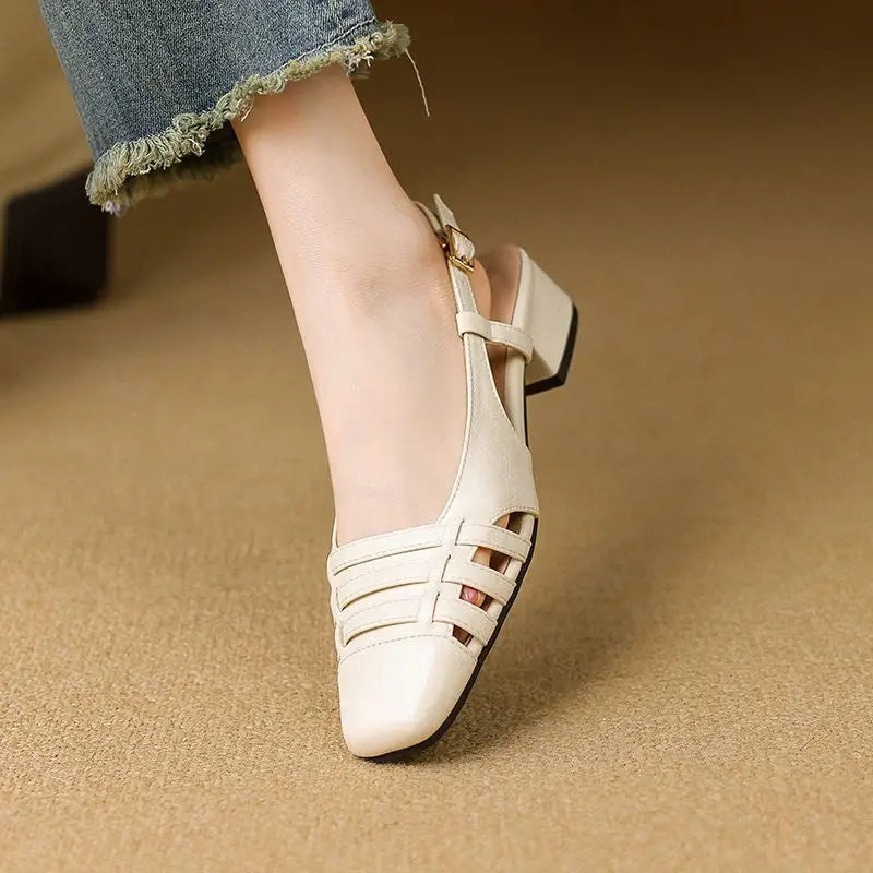 Design Vintage Square Toe Block Heels 3.5cm Back Buckle Strap Big Size 43 Dating Shoes 31 32