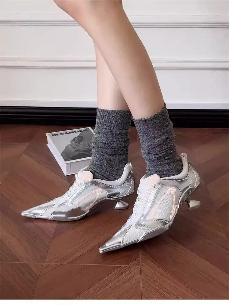 Low Heels Pointed Toe Shoes Lace Up Sports Style High Heels Colorblock Versatile Breathable Mesh Strappy Pumps