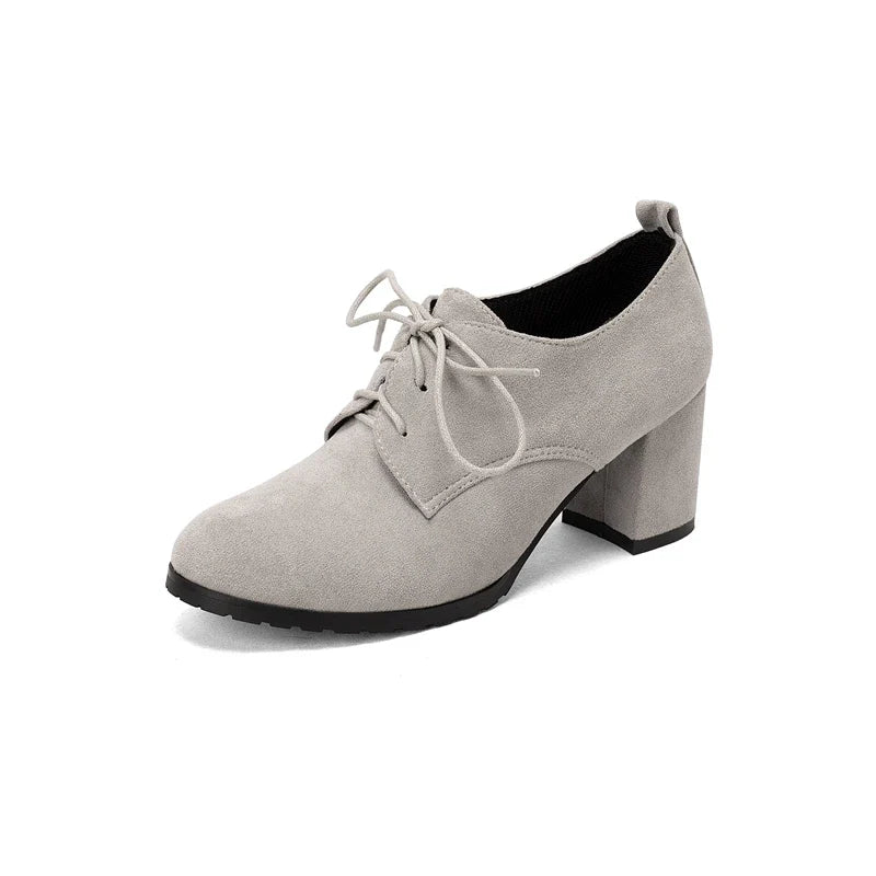 Retro Pumps Classics Flock Lace Up Office Round Toe Block High Heel Shoes Size 33-43 Black Brown