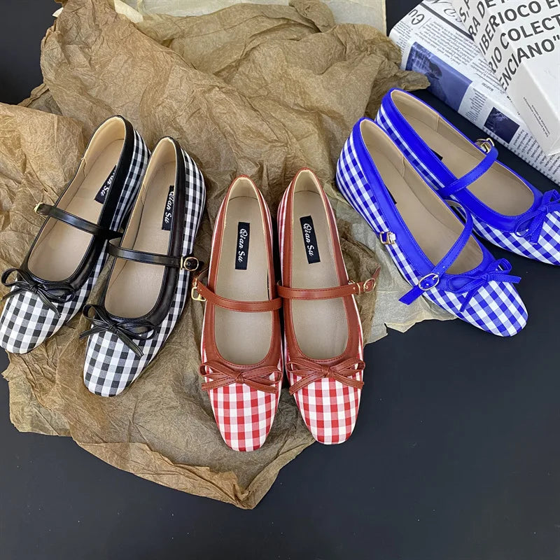 High Quality Checkered Design Mary Jane Shoes Inner Height Increase Flat Ballet Shoes Comfortable Soft Bottom