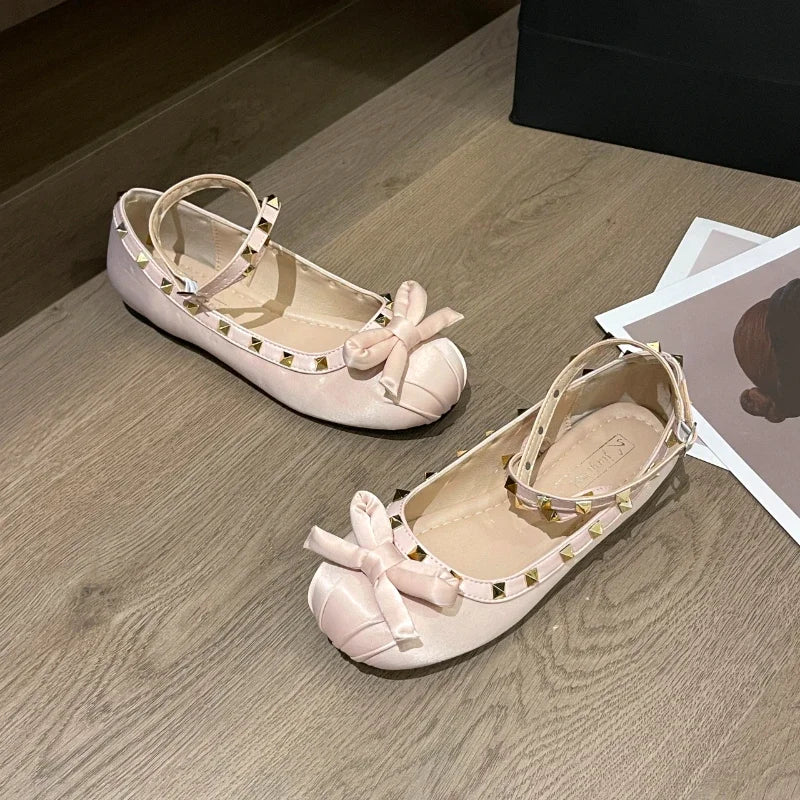 Shoes Rivets Causal Ballet Flats Bowknot Versatile Flat Shoes Ankle-strap