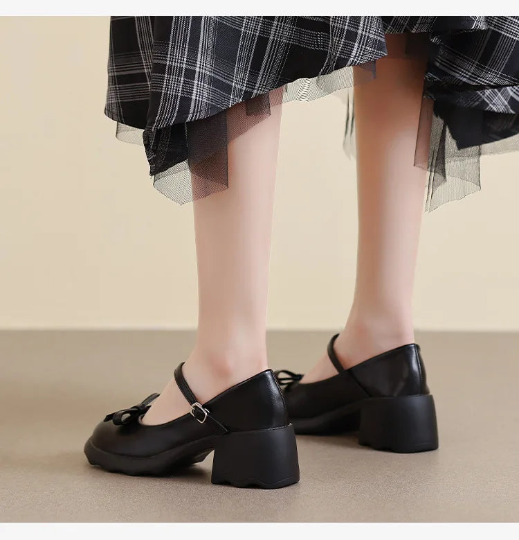 Style Mary Janes Shoes Elegant Chunky Platform High Heels Shoes Bow Ankle Buckle Party Shoes