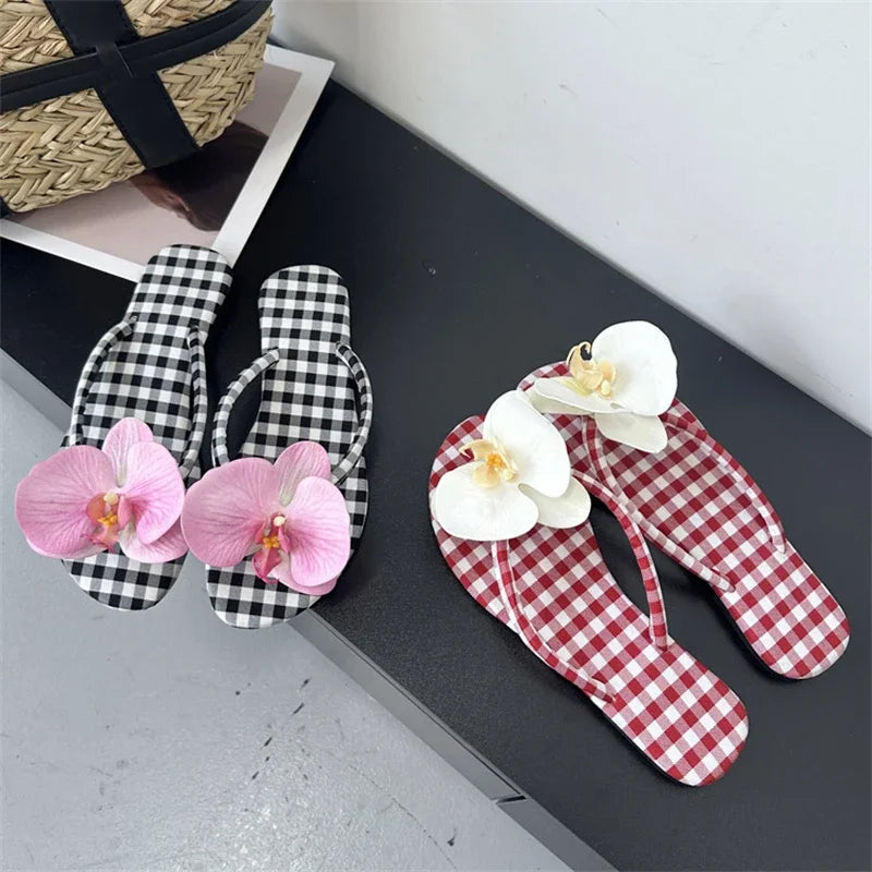 Design Flower Geometric Clip Toe Low Flat Heels Slippers Casual Flip Flops Party Shoes