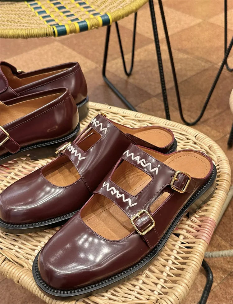 Niche British Style Embroidered Letter Small Leather Shoes Metal Buckle Loafers Shoes