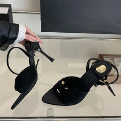 Comfort Hollow Out Metal Buckle Decoration Elegant Satin Ankle Strap Heels Pointed Toe Party Shoes