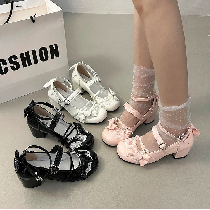 Butterfly-knot Lolita Mary Jane Shoes Elegant Round Toe Thick Heel Shoes Dress Pumps