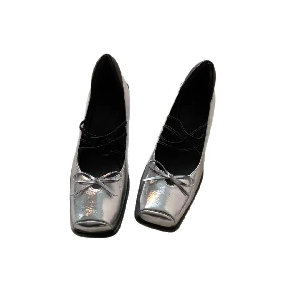 Genuine Leather Bow Decorated Flat Shoes with Cross Straps Thick Heels Mary Jane Shoes Shallow Mouth Comfortable Loafers