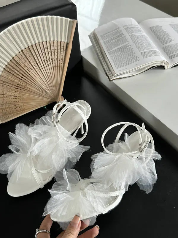 Mesh Flower Sandals Stiletto Heels Open Toe Ankle Straps Elegant Hollow Dress Party Daily Shoes