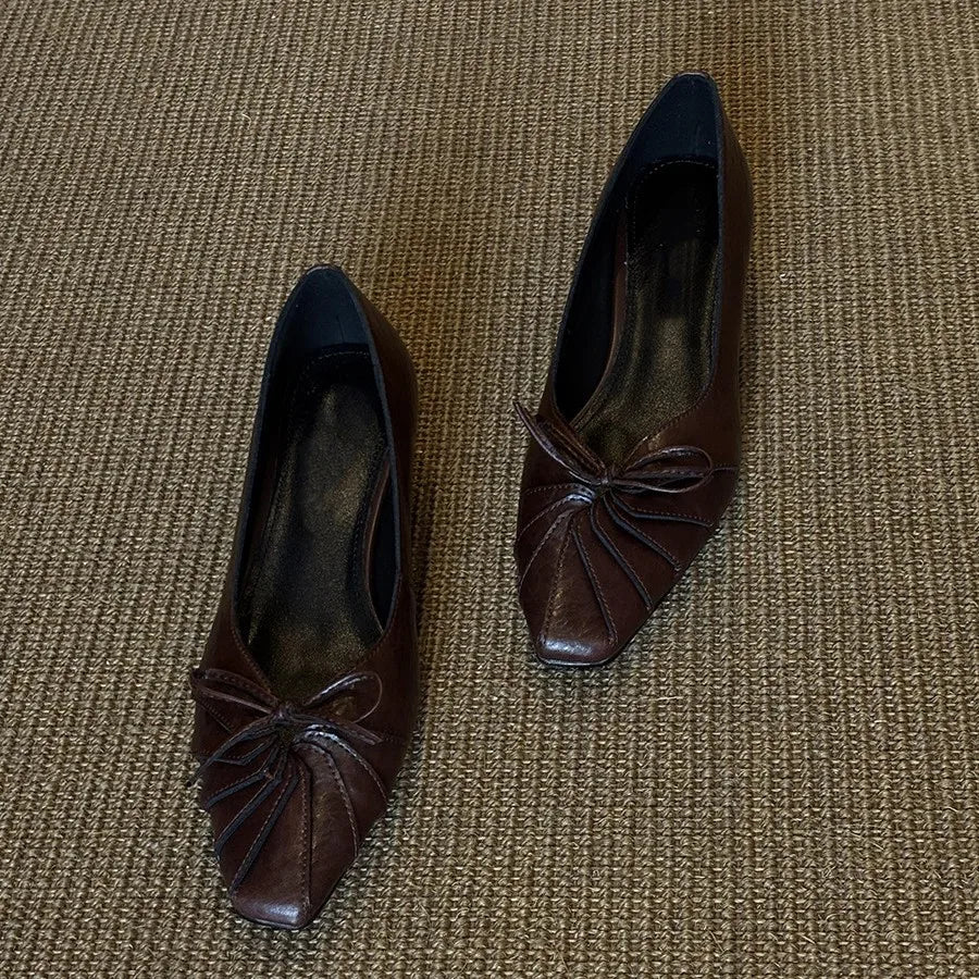 Square Bow Decorative Flat Shoes Leather Pleated Shallow Mouth Loafers Shoes Outdoor Comfortable Shoes