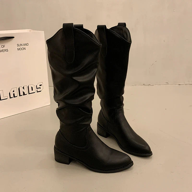 Vintage Woman Knight Knee High Boots Shoes Concise Slip On Western Cowboy Botas