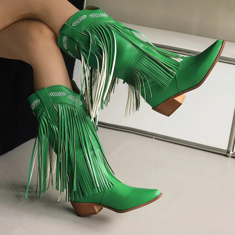 Fringe Western Boots Pink Sweet Embroidered Boots Brown Tassels Block Medium Heels Shoes Plus Size 48 Lady