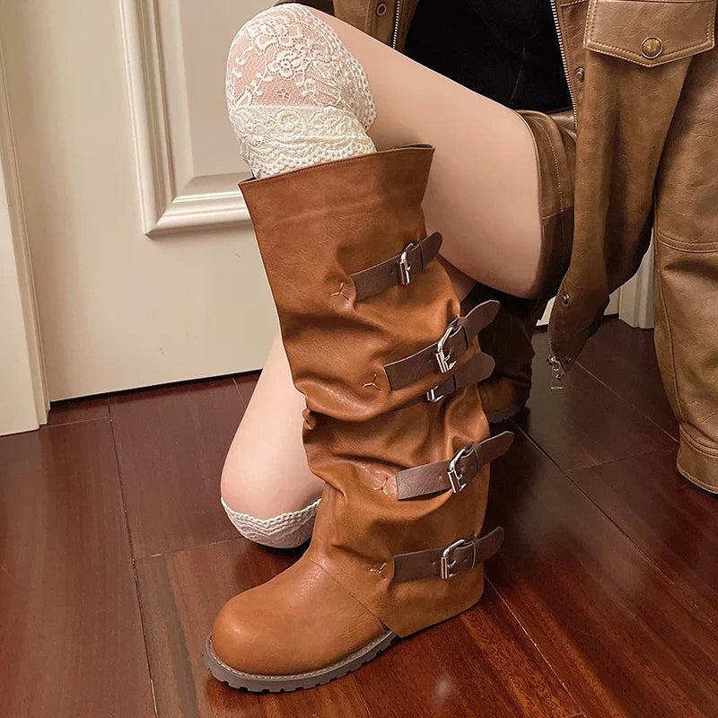 Knee-high Boots Shoes Woman Knight Boots Woman Buckle Chelsea Long Botas Pu Leather Motorcycle Shoes