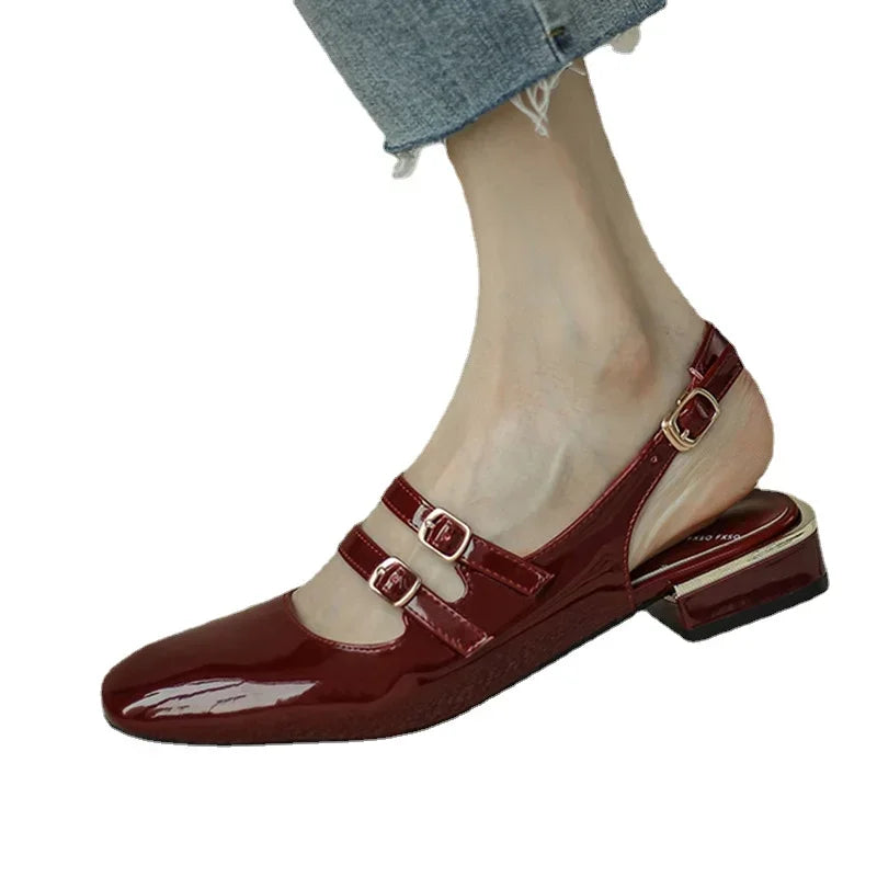 Shoes Woman Flats Double Buckle Mary Janes Shoes Patent Leather Back Strap Zapatos Mujer