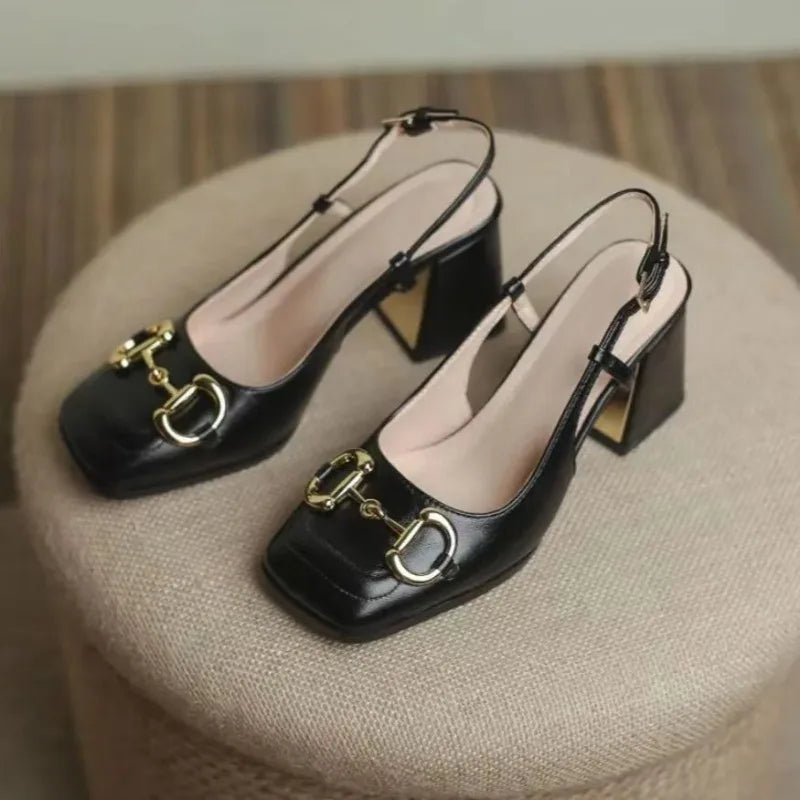 Mary Jane Shoes 41-43 French Vintage Square Headed Thick Heels High Heels Single Shoes Baotou Letter Sandals