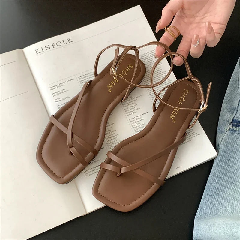 Gladiator Elegant Narrow Band Clip Toe Shoes Comfort Flats Beach Sandalias