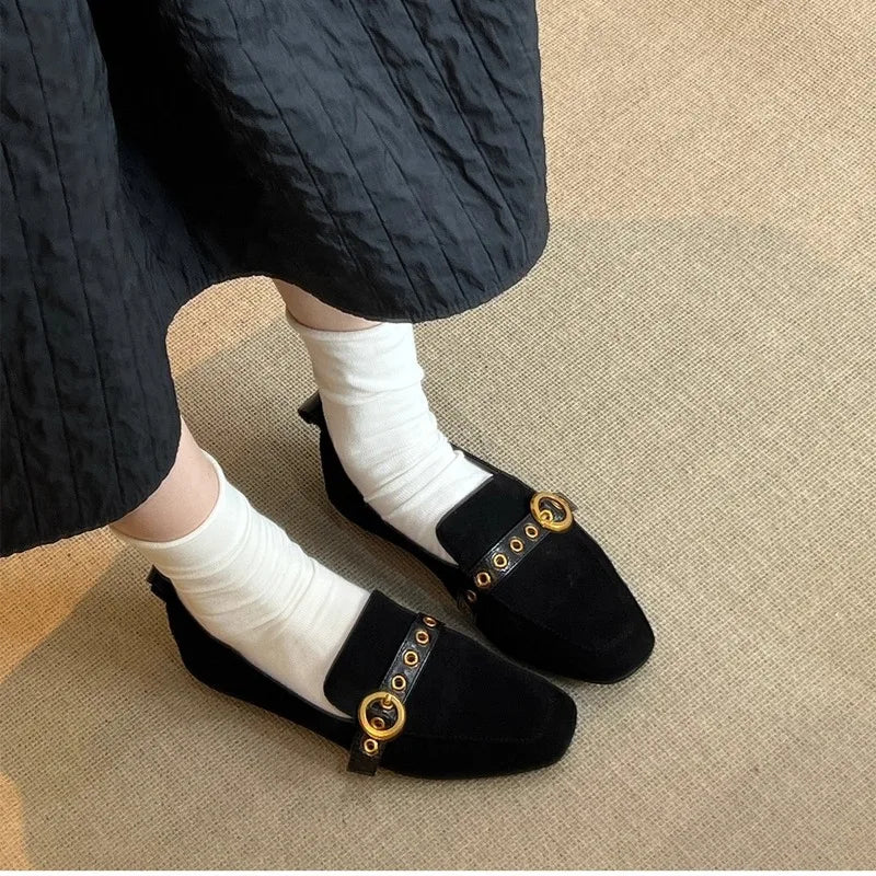 Metal Belt Buckle Design Loafers Retro Suede Square Toe Flats Street Style Comfort Casual Shoe Zapatos Mujer