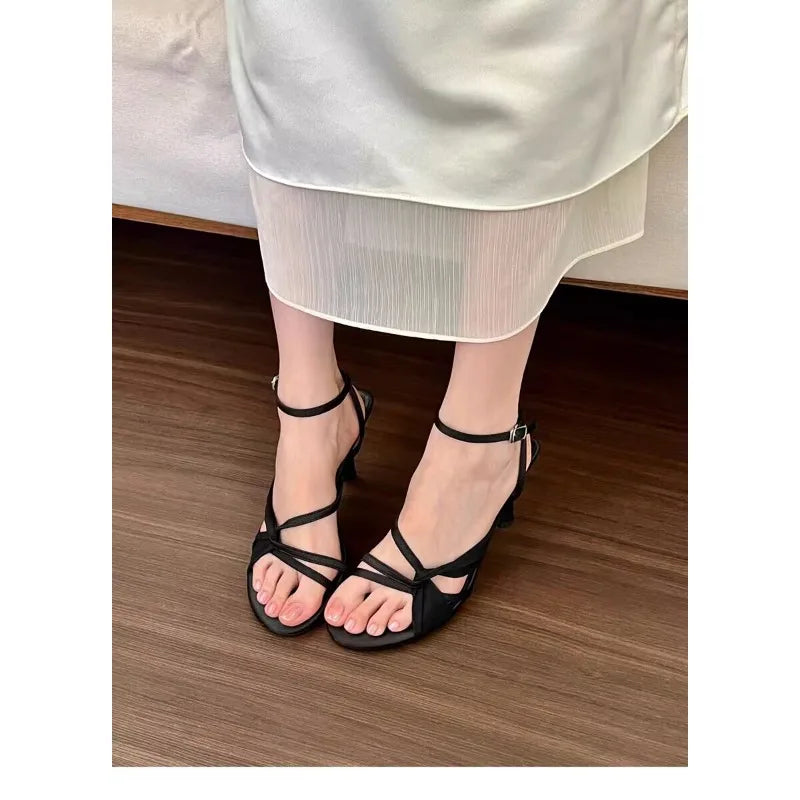 Beautiful apricot thick satin high heels dress single-line buckle stiletto sandals French open-toe hollow shoes