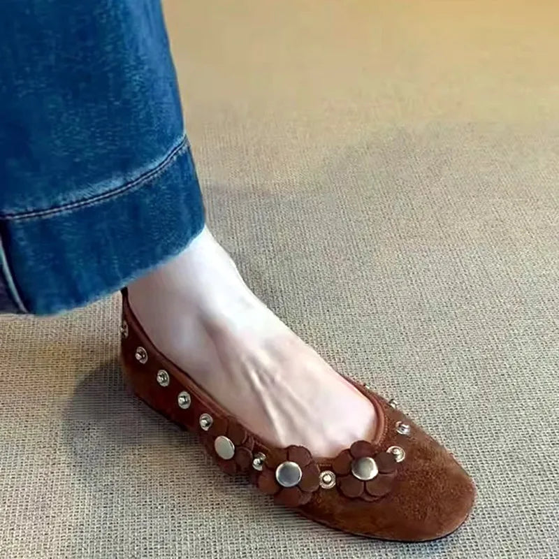 Brown Metal Button Flower Decoration Ballet Flats Faux Suede Design Loafers Elegant Comfortable Mary Jane Shoes