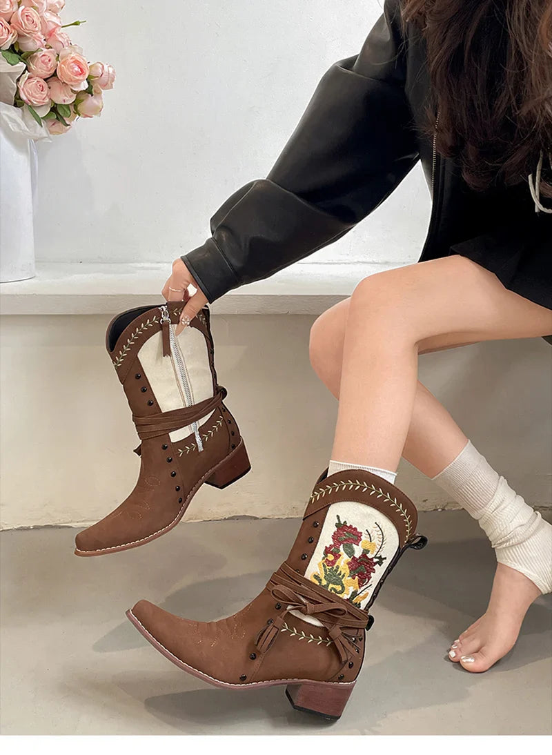 Vintage Ethnic Style Embroidery Woman Ankle Boots Shoes Elegant Thick Heel Western Cowboy Botas