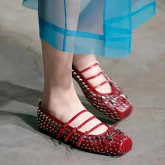 Rivet Ballet Burgundy Mary Jane Flat Shoes Bow Square Head Casual Comfortable Shoes