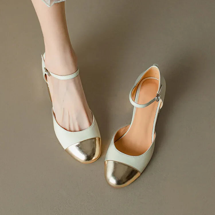 Sheepskin Leather Pumps Pearls Chunky Heels Shoes Brand Two Tone Buckle Pumps Wedding Party Dressy Shoes