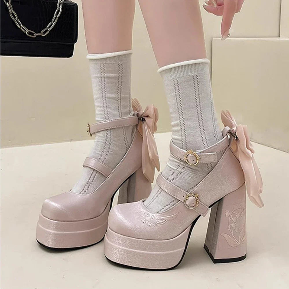 Pink Lolita High Heels Pumps Cute Bow Round Ankle Straps Chunky Platform Mary Jane Shoes Embroidered Heels