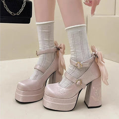 Pink Lolita High Heels Pumps Cute Bow Round Ankle Straps Chunky Platform Mary Jane Shoes Embroidered Heels
